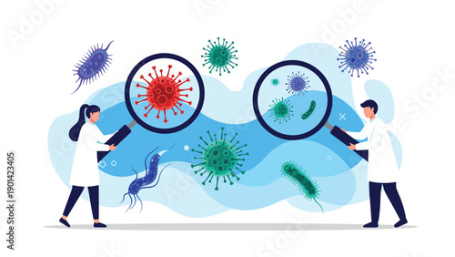 Two scientists using magnifying glasses to examine diverse viruses and bacteria, illustrating microbiology, virology research, and disease investigation.