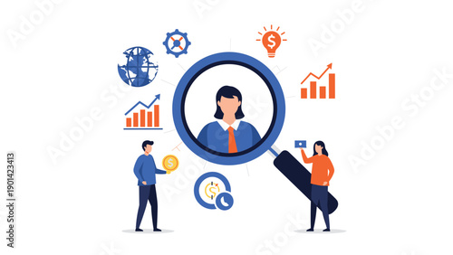 People examining a large magnifying glass focused on a woman's profile surrounded by business and financial icons, illustrating customer analysis and market research.