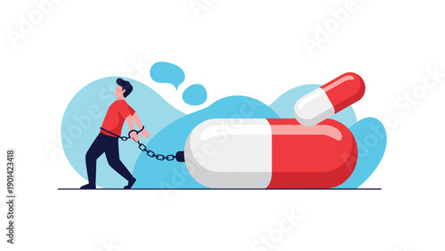 Man chained to a giant pill, symbolizing drug addiction, pharmaceutical dependence, medical burden, and the struggle with substance abuse.