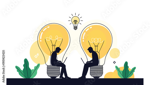 Two individuals working on laptops inside giant lightbulbs, symbolizing idea collaboration, innovation, creative workspace, and intellectual development.