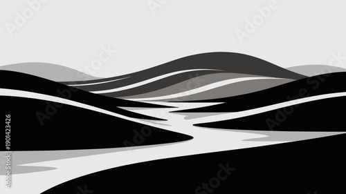 A minimalist vector illustration of a winding river flowing through a landscape of rolling hills in a flat design style with a monochromatic color scheme