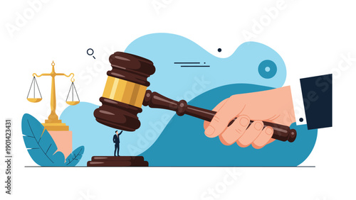 Giant hand holding a gavel over a tiny man standing on a pedestal, with scales of justice, symbolizing legal power, law enforcement, and judicial authority.