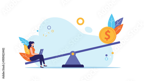 Woman working on a laptop on one side of a seesaw with a large dollar coin on the other, symbolizing work-life balance and financial priorities.