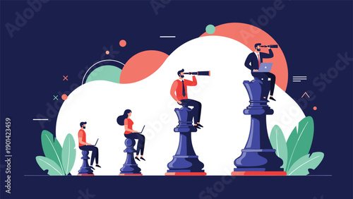Individuals sitting on chess pieces of varying sizes, working and observing, illustrating career progression, business hierarchy, and strategic development.