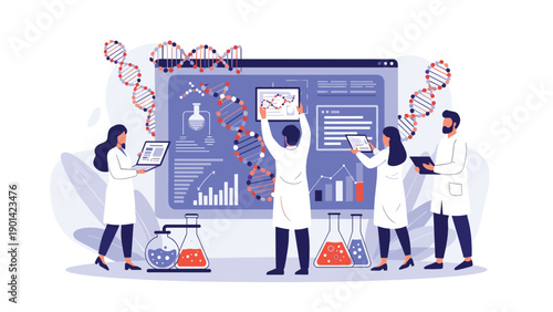 Team of scientists in lab coats examining DNA structures and scientific data on a large screen, illustrating genetic research, biotechnology, and medical science.