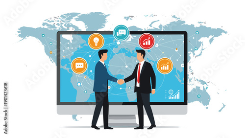 Two businessmen shaking hands in front of a computer screen with a world map and connected business icons, illustrating global partnership and digital networking.