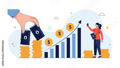 Hand adding oil barrels to a stack of coins, leading to an upward financial graph with a woman observing, illustrating oil investment and energy market growth.