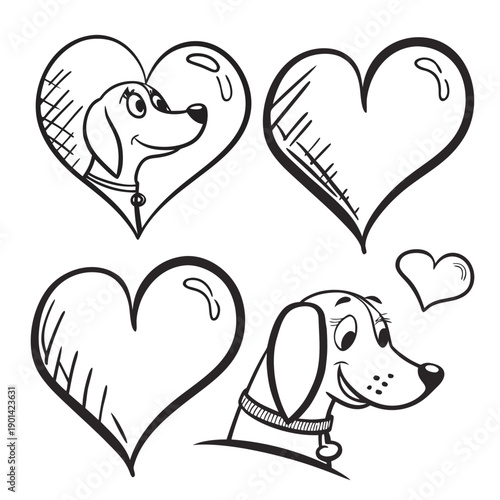 Four adorable dachshunds illustrated with hearts in a black and white sketch