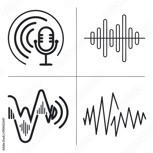 Illustration of sound waves and broadcasting symbols