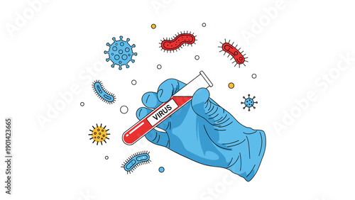 Gloved hand holding a test tube labeled "VIRUS", surrounded by various virus and bacteria particles, illustrating virus detection and medical diagnostics.
