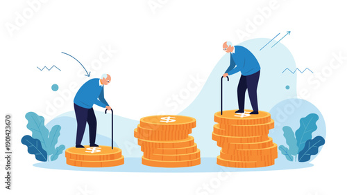 Two older men standing on different stacks of dollar coins, illustrating retirement planning, elder finance, wealth growth, and financial security for seniors.