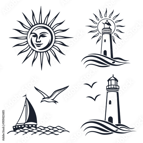A collection of illustrations featuring a sun, lighthouse, sailboat, and seagulls.