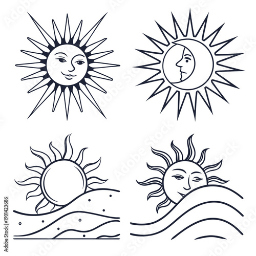 Illustration of the sun in different weather conditions and times of day