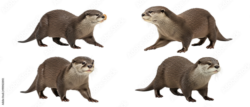 Obraz premium Collection of four smoothcoated otters standing in different poses on a white background.