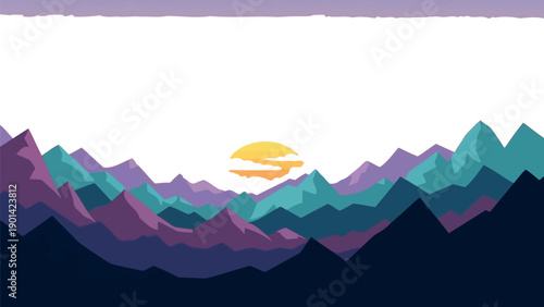 Vibrant stylized landscape illustration featuring a bright yellow sun setting behind layers of sharply defined purple and teal mountain ranges under colorful clouds.