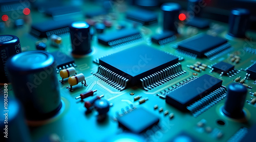 Microcontroller chip mounted on electronic circuit board with components, representing embedded systems, industrial electronics, hardware engineering, and modern computing technology