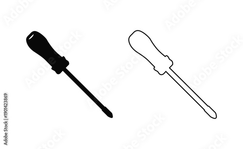 A pair of tools, a screwdriver and a cotton swab, illustrated in black and white Vector