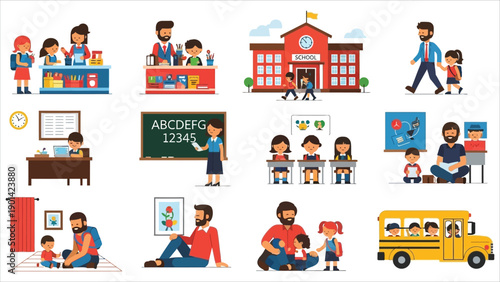  Back to School Vector Illustration Set. Scenes of preparing for the Day of Knowledge, buying school supplies, and first graders getting ready. Includes pupils, teachers, parents, children, and bus dr