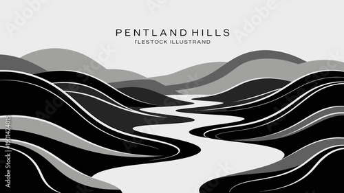 A minimalist vector graphic illustration of the Pentland Hills with a winding river and stylized hills in shades of black, gray, and white