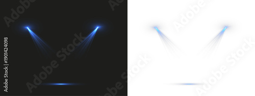Light, spotlight with blue stage beams shining from above onto a dark transparent background, creating a dramatic concert and theatrical lighting effect.
