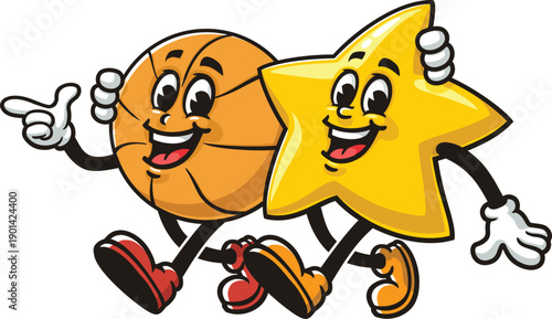 Cartoon of star and basketball mascot walking together