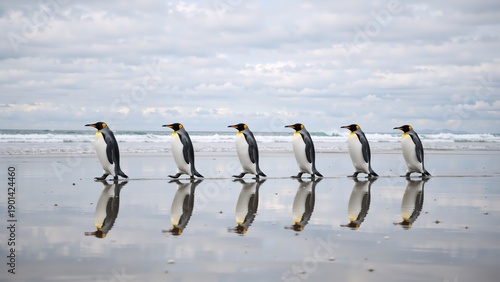 Row of King penguins walking on a wet sandy beach with reflections. Wild birds marching in a line near the ocean. Wildlife nature concept