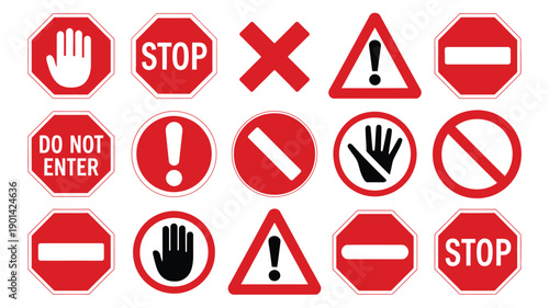 Various stop signs, collection in red and white designed for drivers, traffic safety education, road signage, and transportation-related graphic projects.