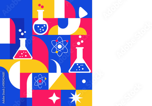 Bold geometric banner celebrating women in science! Vibrant colors, lab equipment, and a modern design. Perfect for educational or promotional materials.