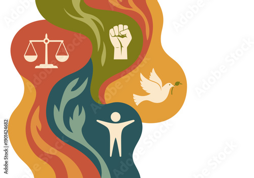 Bold graphic poster featuring scales, a raised fist, a dove, and a human figure, symbolizing organic justice. Vibrant, modern design. Ideal for social justice campaigns.
