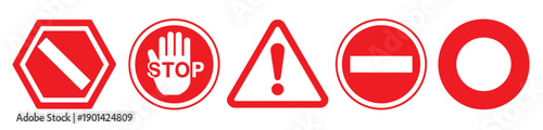 Red stop sign, icon set featuring hand gesture and stop sign symbols for warnings, prohibitions, traffic control, and safety communication designs.