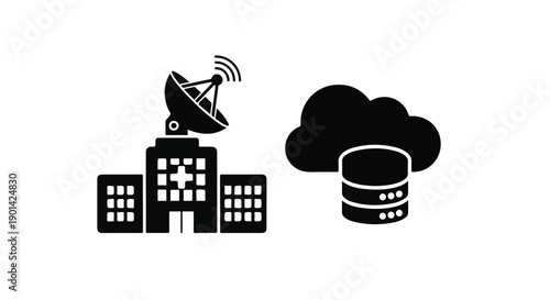 Modern cityscape with satellite dish and cloud computing server, representing urban technology and data storage in a futuristic smart city