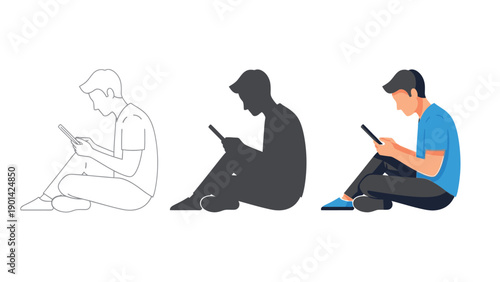 Young man sitting and looking at smartphone or tablet screen, illustration showing line art, silhouette and full color versions of same pose