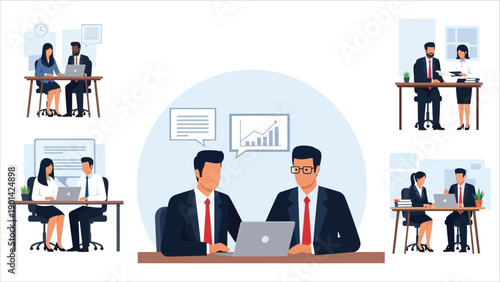 Business concept illustrations mega set featuring a collection of scenes with men and women taking part in various business activities. Vector illustration.