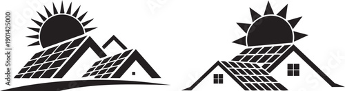 Solar Energy Illustration: Graphic of a house with solar panels on the roof with sunshine in the background, representing clean energy and eco-friendly power.