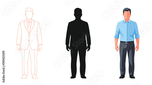 Set of three male business figures outline drawing, black silhouette and full color illustration of a man in a blue shirt and dark pants