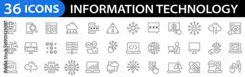Information Technology 36 icon set. UI icon set. Data analytics, internet, network security, cloud computing, IT manager, computer, laptop and more. Editable stroke. Vector illustration