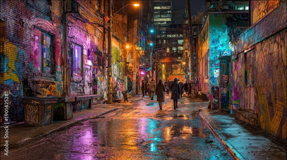Obraz premium Cinematic night scene of graffiti walls in Toronto's Fashion District