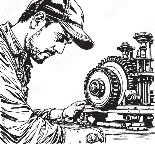 Mechanic repairing a complex gear system with focused attention to detail in a workshop setting