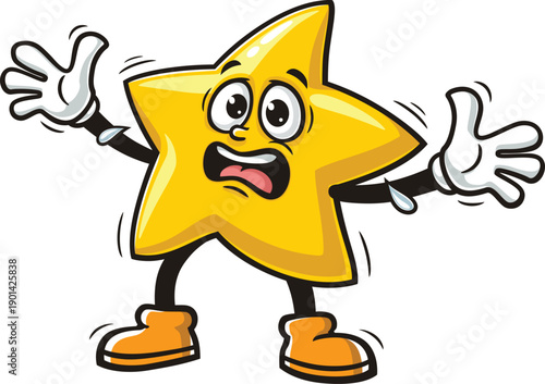 Cartoon star mascot is panicking and scared