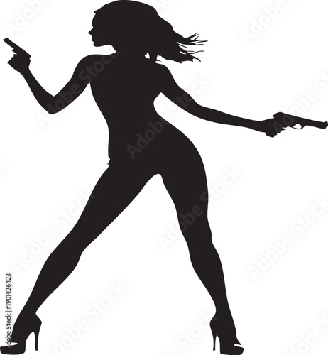 Silhouette of a woman in a powerful stance holding a gun and pointing exuding confidence and strength