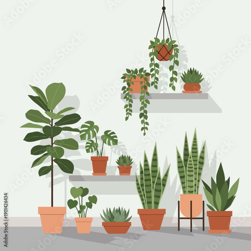 Collection of various green potted houseplants arranged indoors on shelves and floor