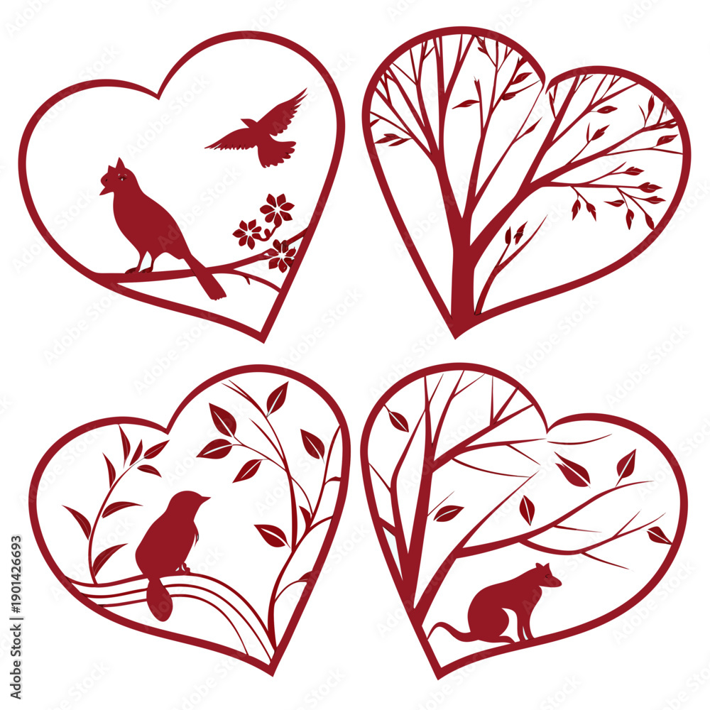 Obraz premium Four intricately designed hearts with birds and flowers in red and black