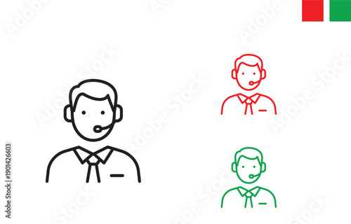 Customer Support Agent Line Icon Set with Headset, Call Center and Help Desk Concept