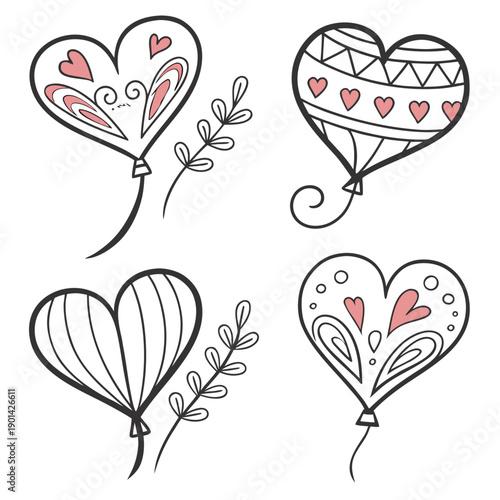 Four beautifully illustrated hearts with intricate designs and floral accents