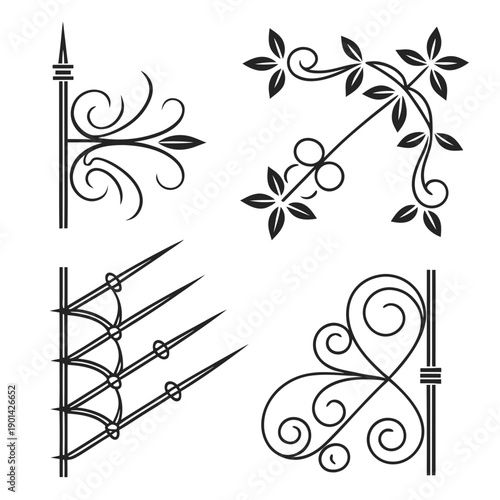 Four distinct decorative ironwork designs showcasing intricate patterns and styles