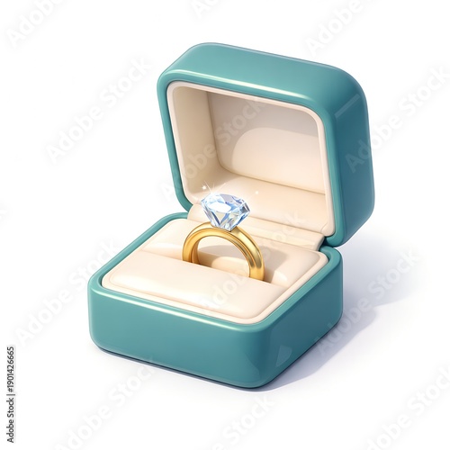 3D teal jewelry box with gold diamond engagement ring