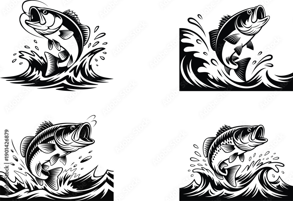 Fototapeta premium Dynamic black and white illustrations of a largemouth bass leaping from splashing waves, capturing the excitement of fishing.