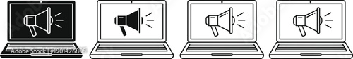 Digital marketing icons, laptop with megaphone, online advertising concept, megaphone on computer screen, internet promotion, social media marketing, business communication, 