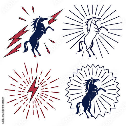 Four distinct designs featuring a blue horse and a red starburst pattern