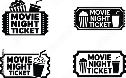 Collection of black and white movie night ticket icons with popcorn and soda cups, perfect for entertainment concepts.